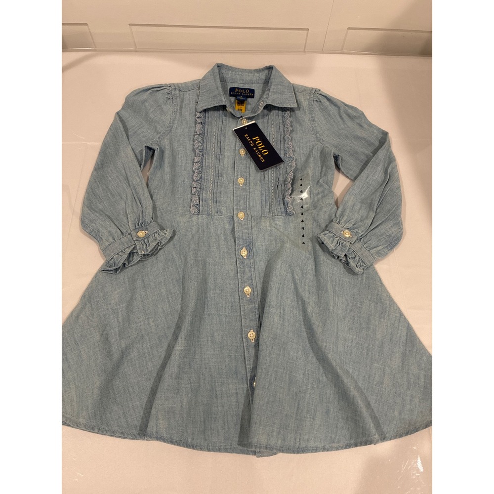 Polo Ralph Lauren Girls Blue Chambray Ruffle Pintuck Shirt Dress Size 4 NWT